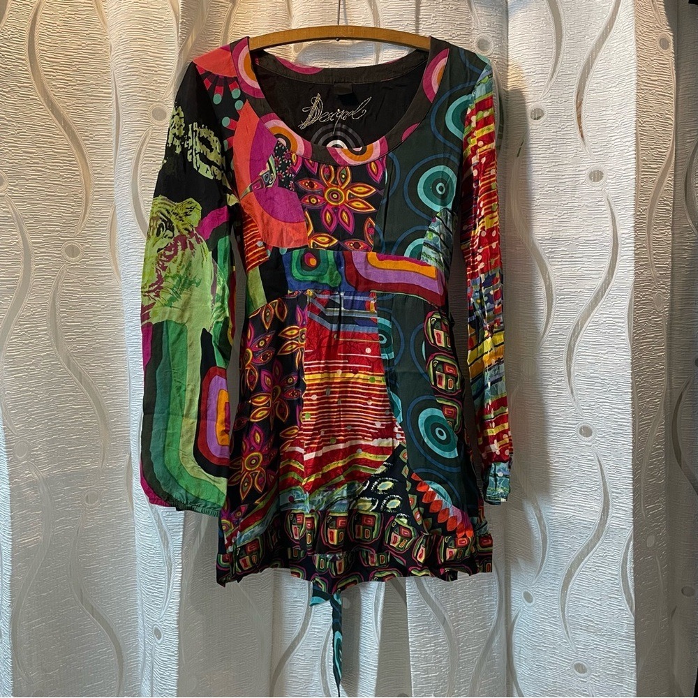 Desigual Tunic Top Womens Size S Multicolor Excellent Patchwork Boho Tiger Print